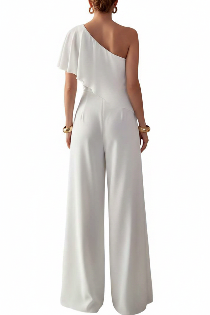 White One-Shoulder Wide-Leg Jumpsuit with Draped Overlay Elegant Evening Outfit with Pockets and Adjustable Straps
