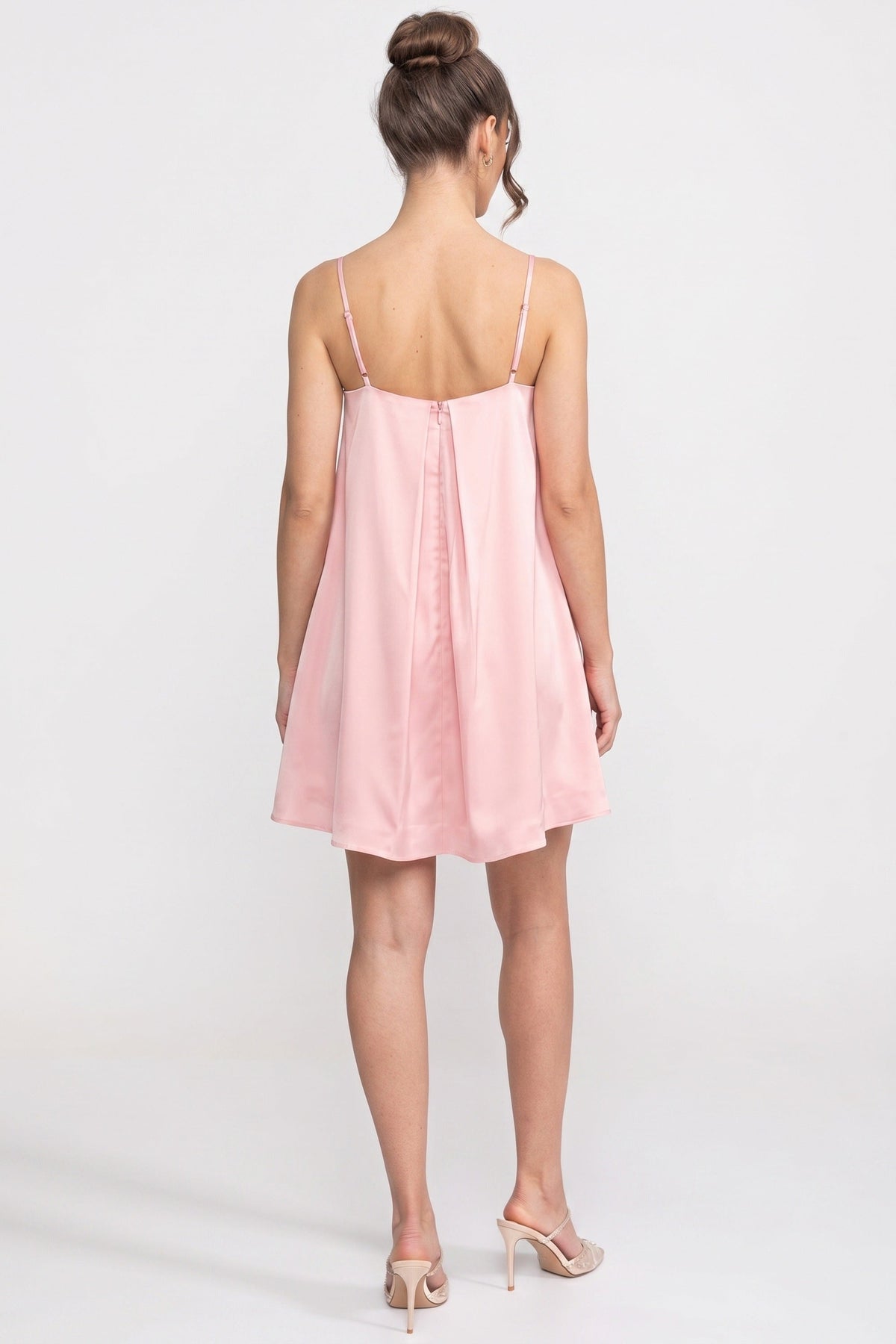 Satin Floral Applique Square Neck Spaghetti Strap Swing Mini Dress 7