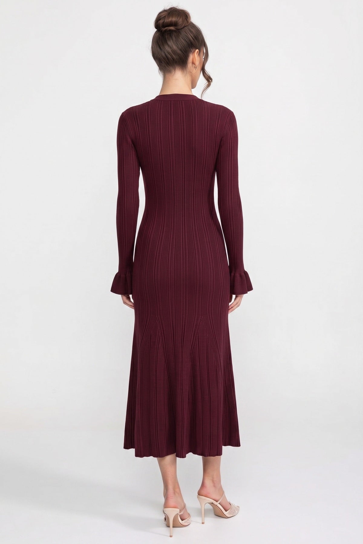 V-Neck Long Sleeve Ruffle Cuff Button Front Ribbed Knit Midi Dress 6