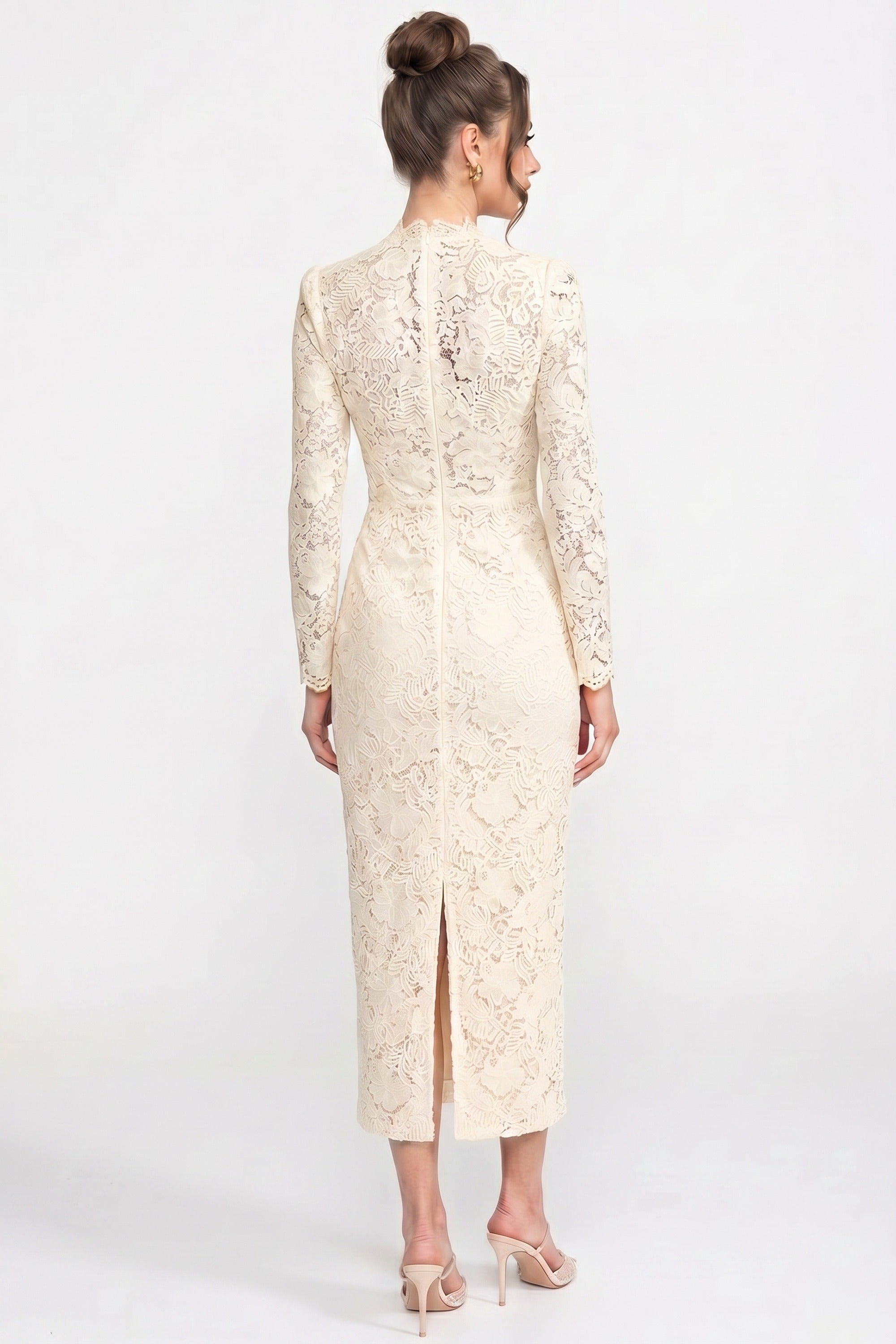 Lace Midi Dress With Crystal V-Neckline And Ruched Front Detail - Ivoire