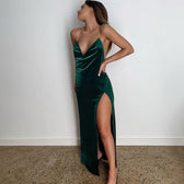 Backless Cowl Neck High Slit Velvet Slip Maxi Dress - Emerald Green - View 3
