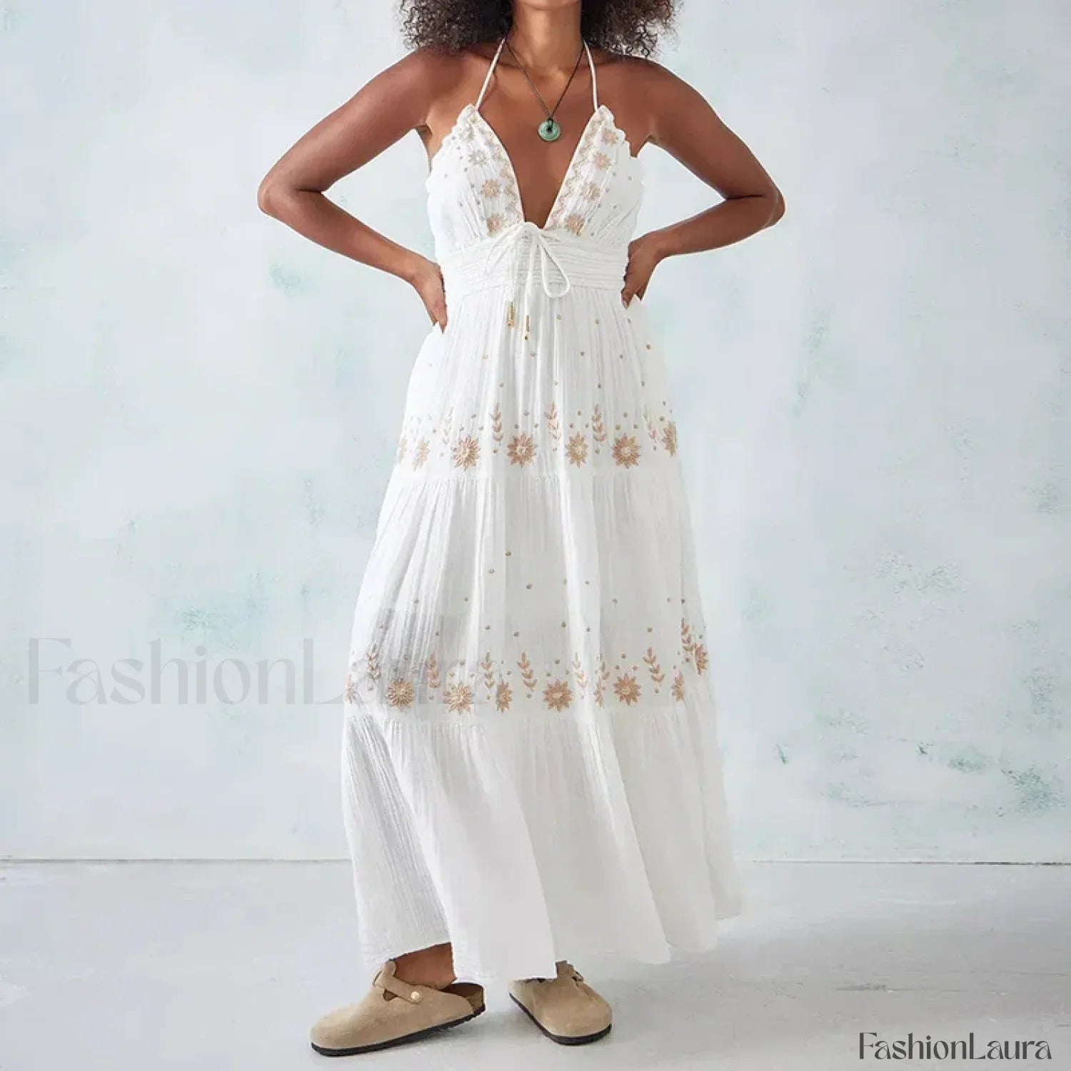 Backless Halter Embroidery Boho Dress