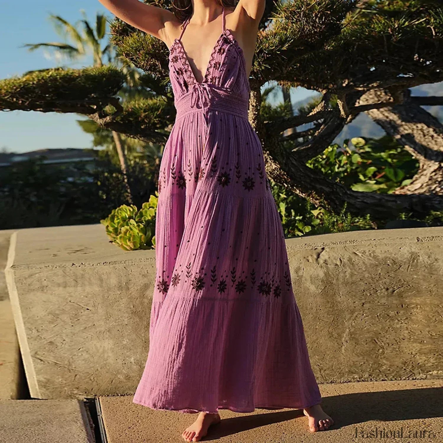 Backless Halter Embroidery Boho Dress