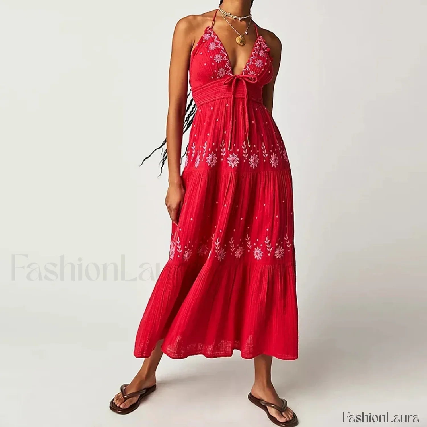 Backless Halter Embroidery Boho Dress