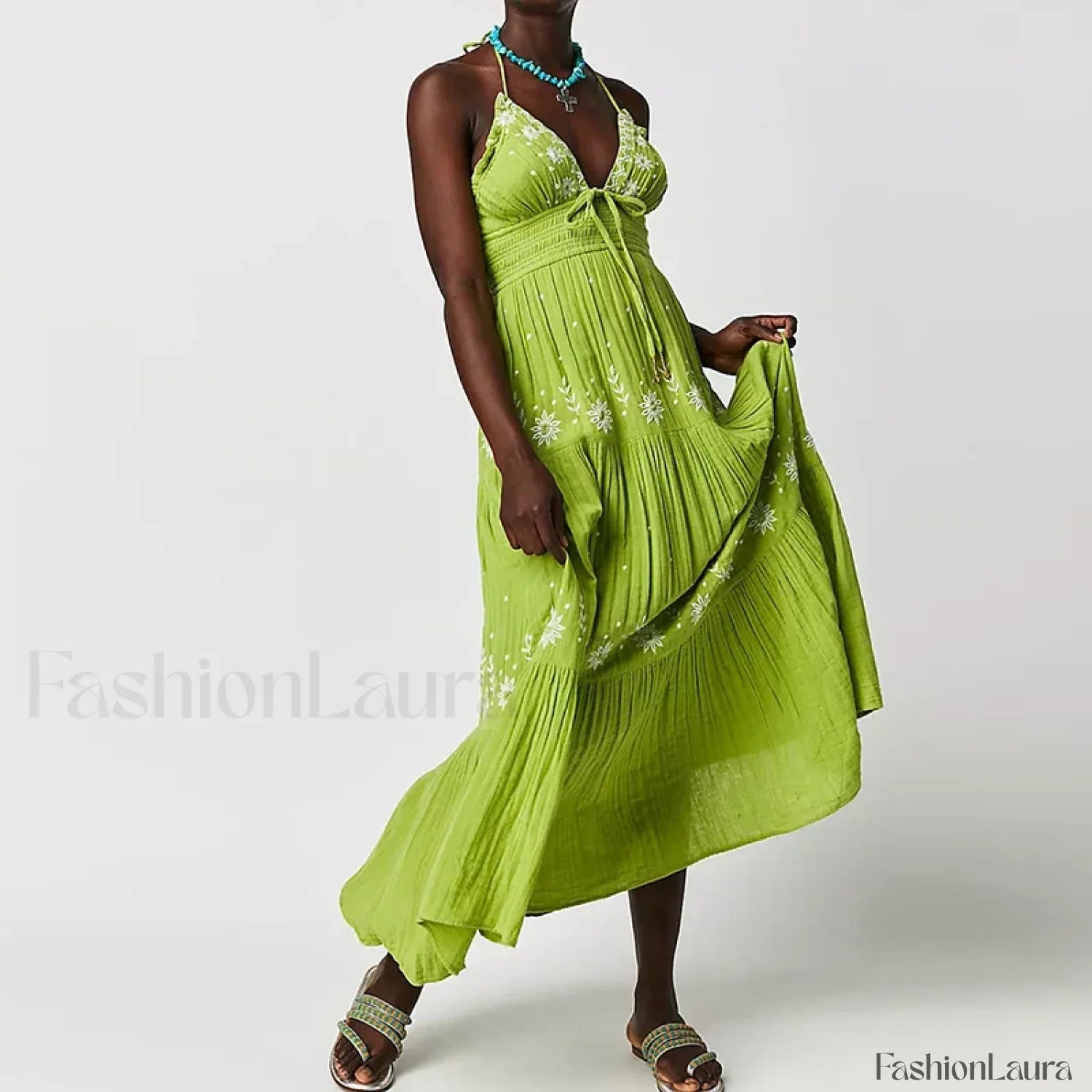 Backless Halter Embroidery Boho Dress