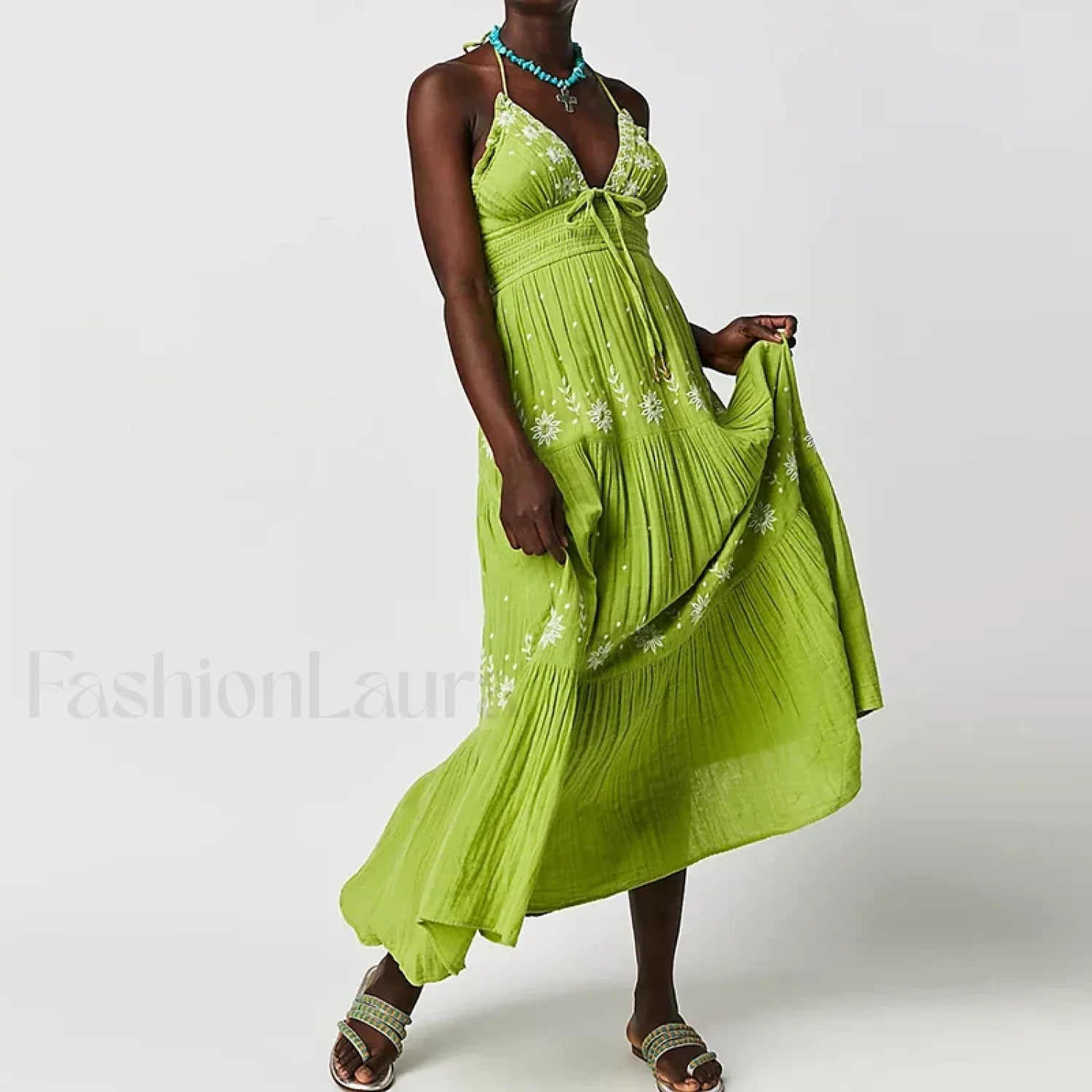 Backless Halter Embroidery Boho Dress