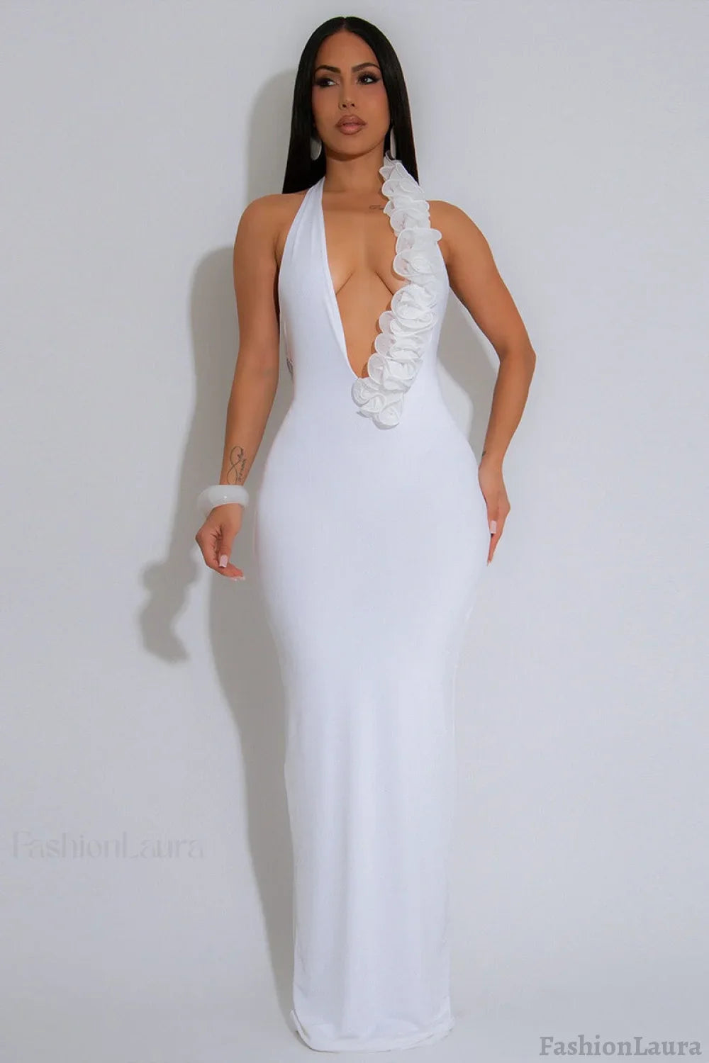 Backless Halter Floral Bodycon Party Dress White / S