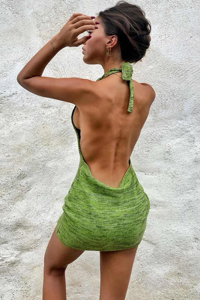 Backless Halter Sweater Mini Beach Vacation Dress - Green