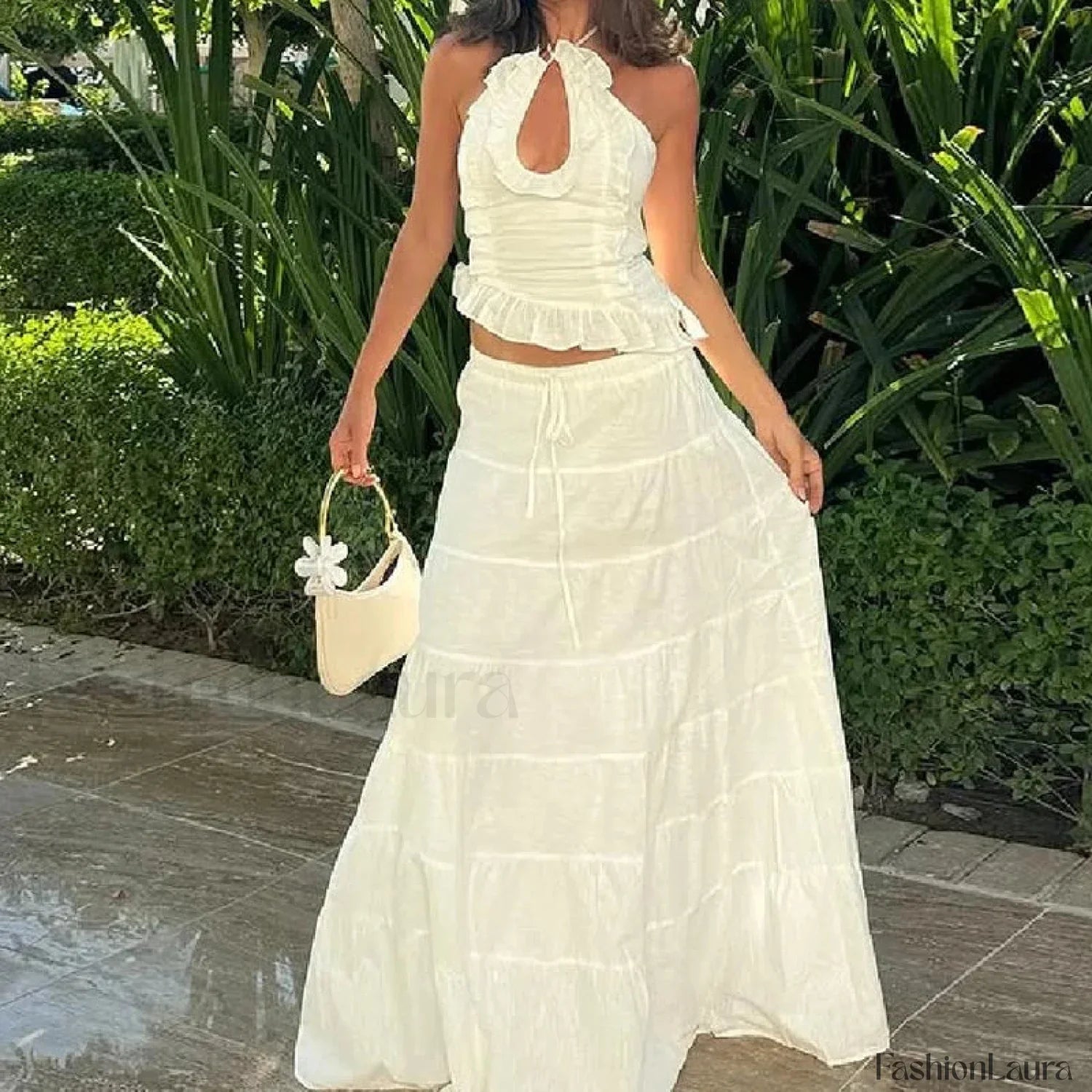 Backless Halter Tiered Skirt Two Piece Set