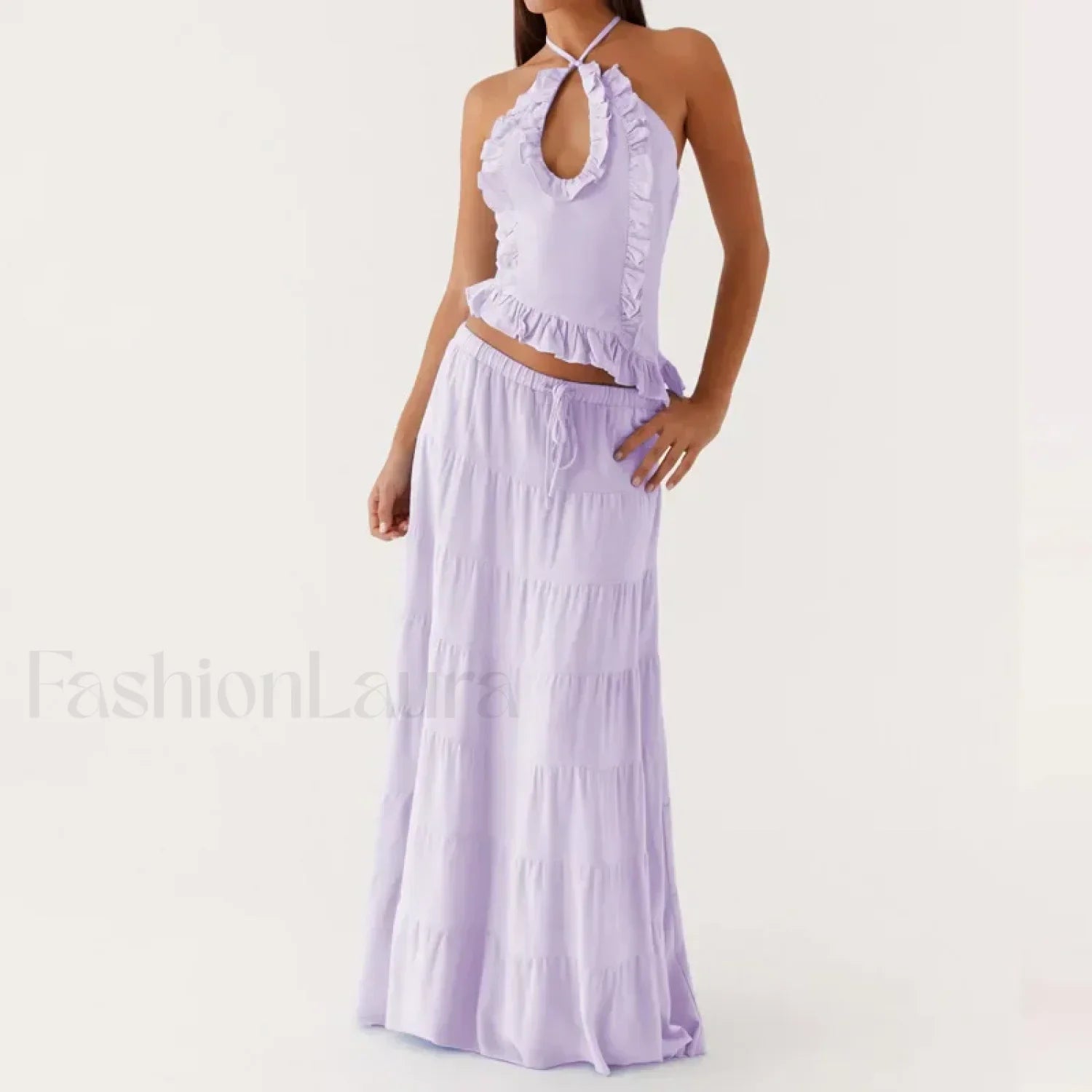 Backless Halter Tiered Skirt Two Piece Set