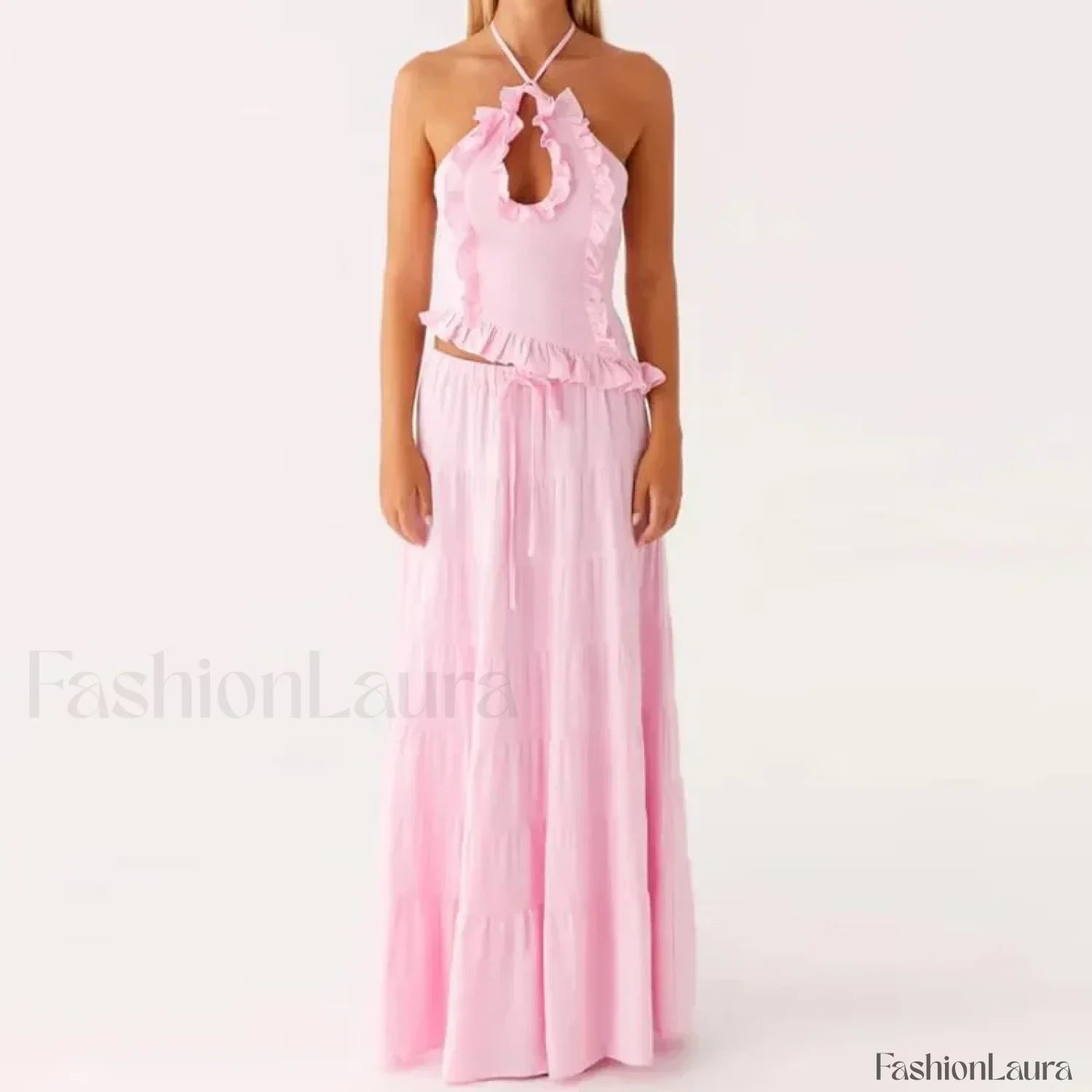 Backless Halter Tiered Skirt Two Piece Set