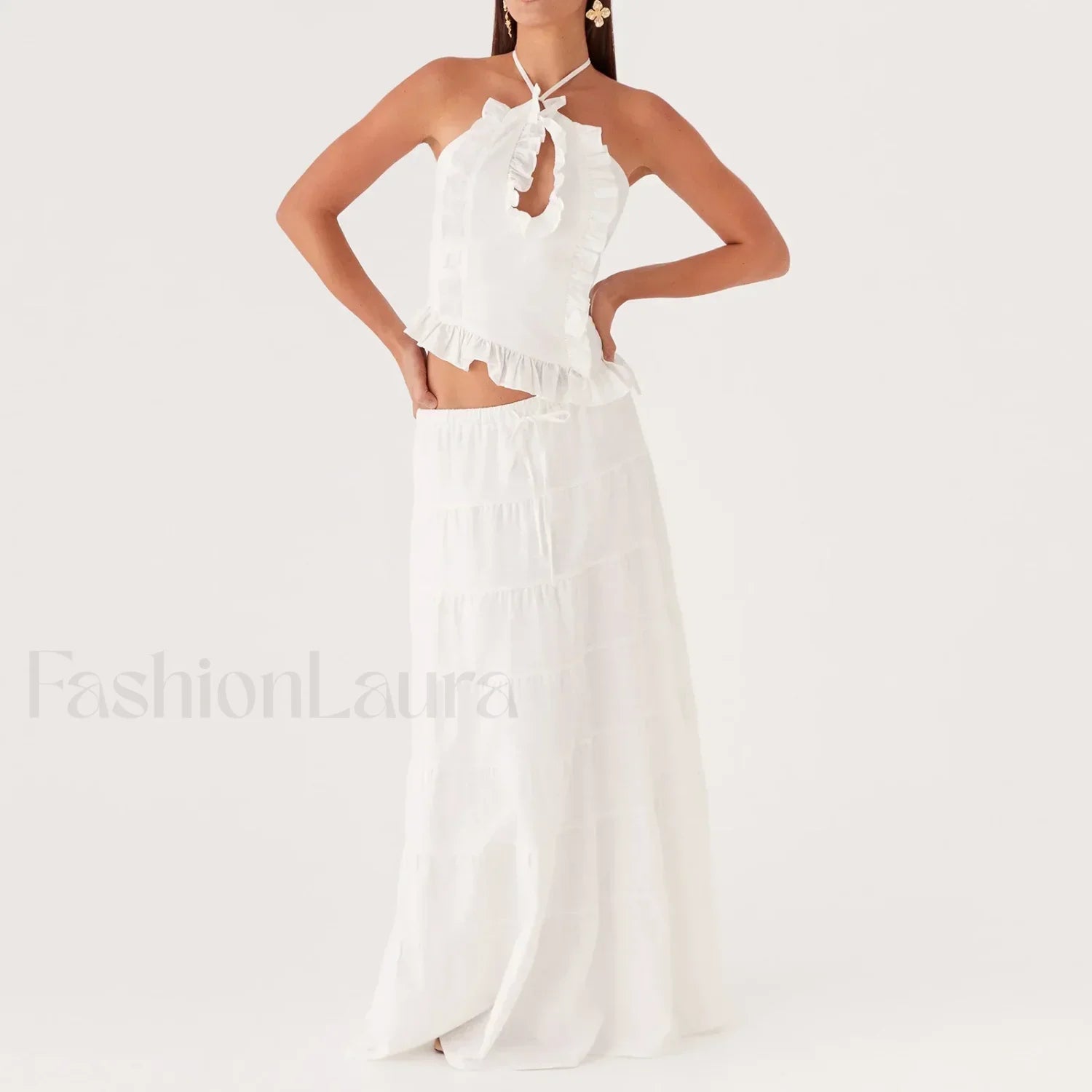 Backless Halter Tiered Skirt Two Piece Set WHITE / S