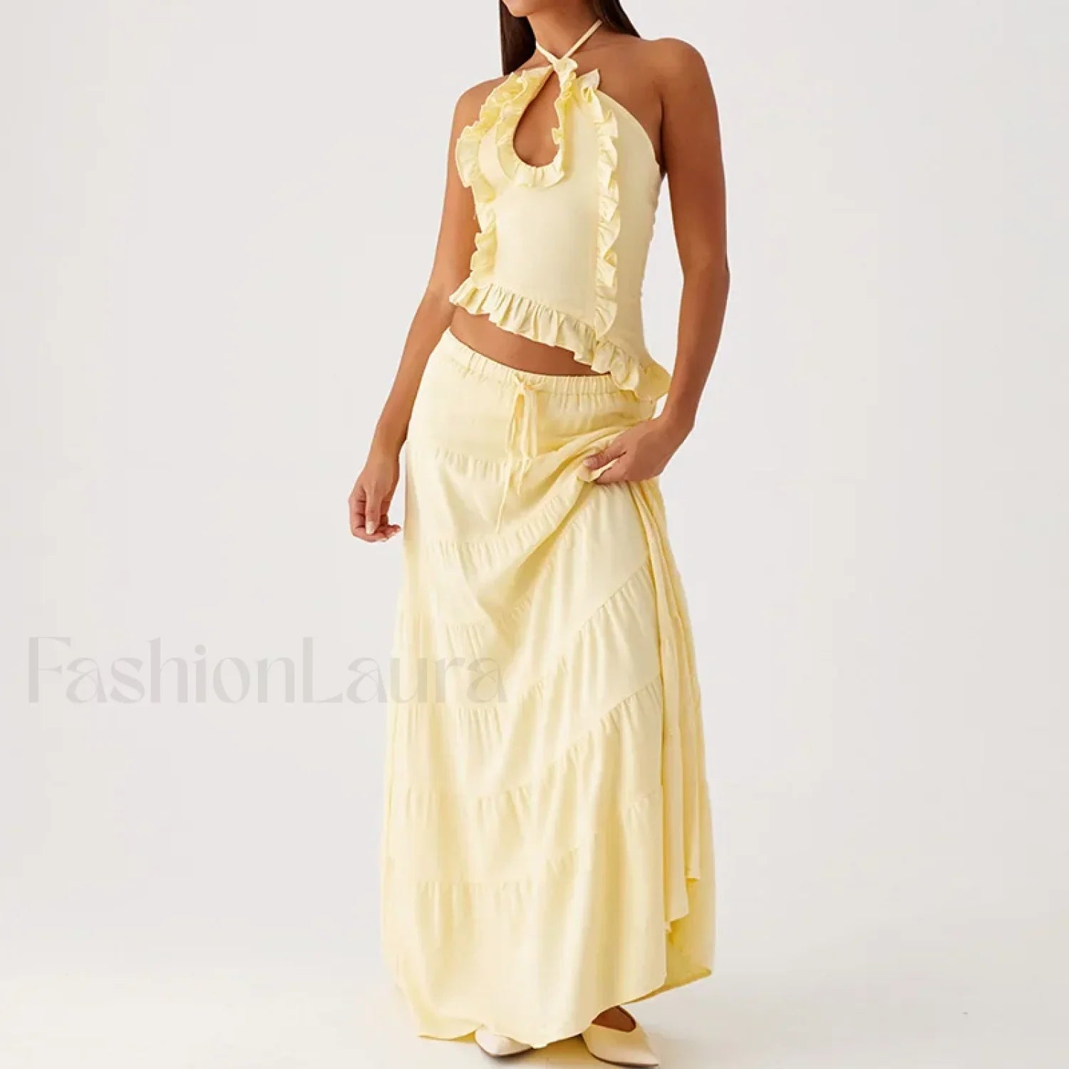Backless Halter Tiered Skirt Two Piece Set Yellow / S