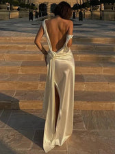 Backless Satin Draped Rosette Maxi Gown 2