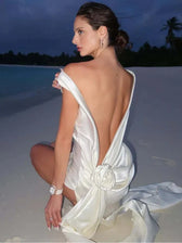 Backless Satin Draped Rosette Maxi Gown 5