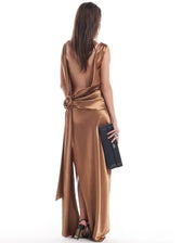 Backless Satin Draped Rosette Maxi Gown 14