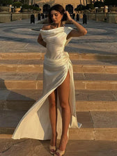 Backless Satin Draped Rosette Maxi Gown 3