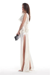 Backless Satin Draped Rosette Maxi Gown 9