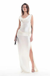 Backless Satin Draped Rosette Maxi Gown 8