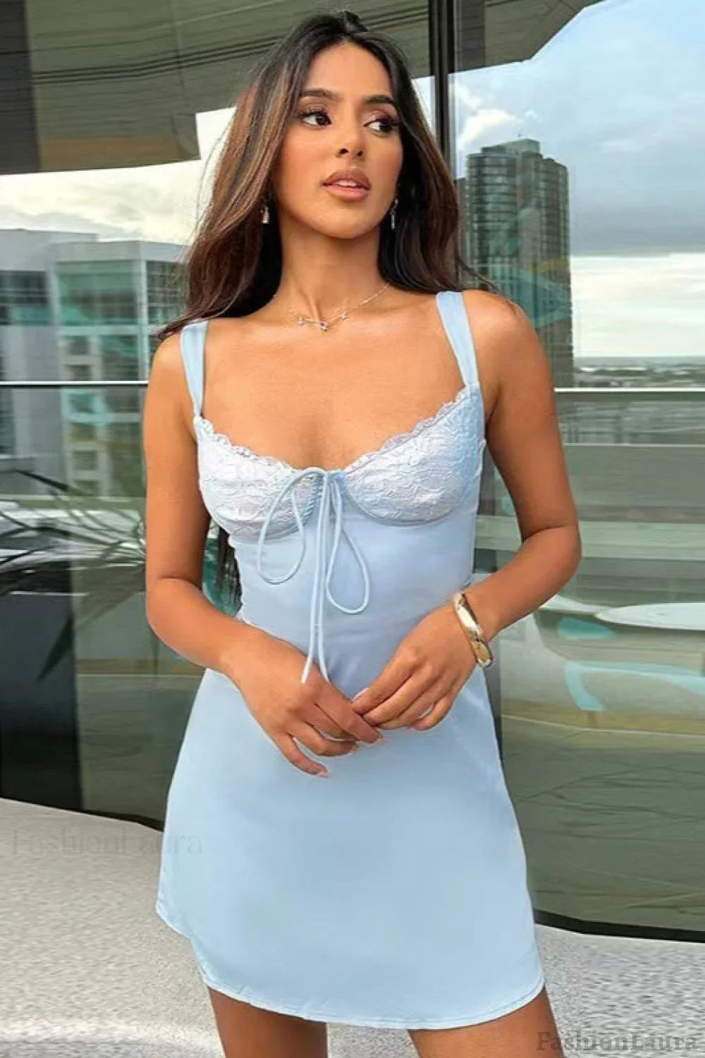 Backless Lace Panel A-line Cocktail Dress S / Blue