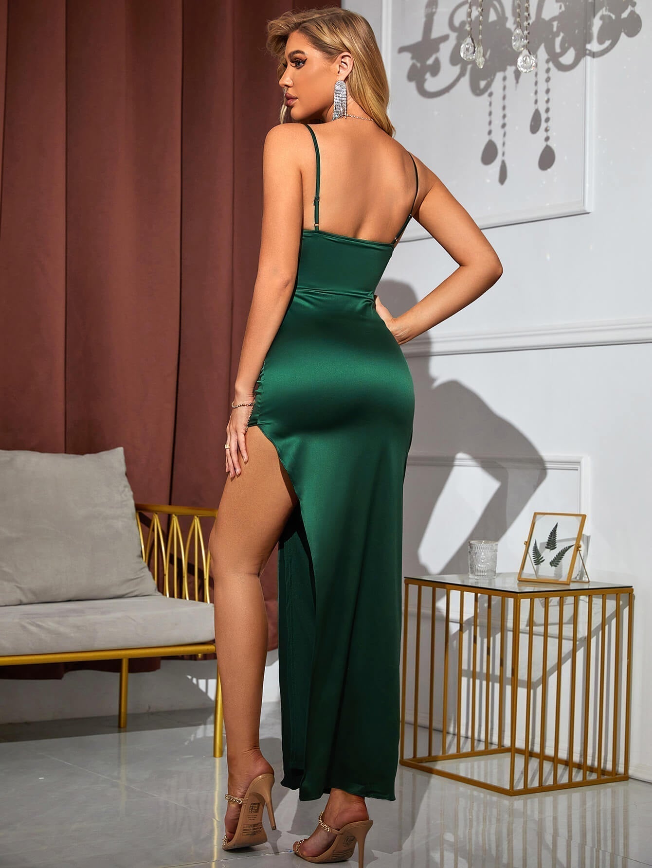 Backless Split Thigh Satin Dress - View 2
