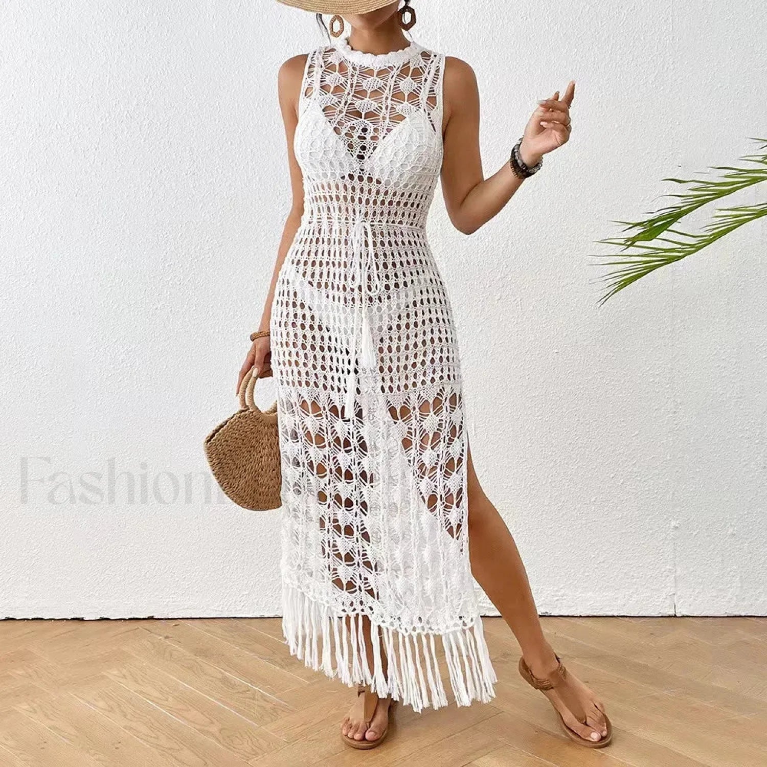 Backless Tassel Solid Dress Cover Up