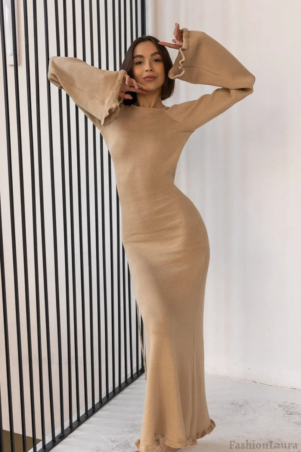 Backless Tie Maxi Sweater Dress S / Khaki
