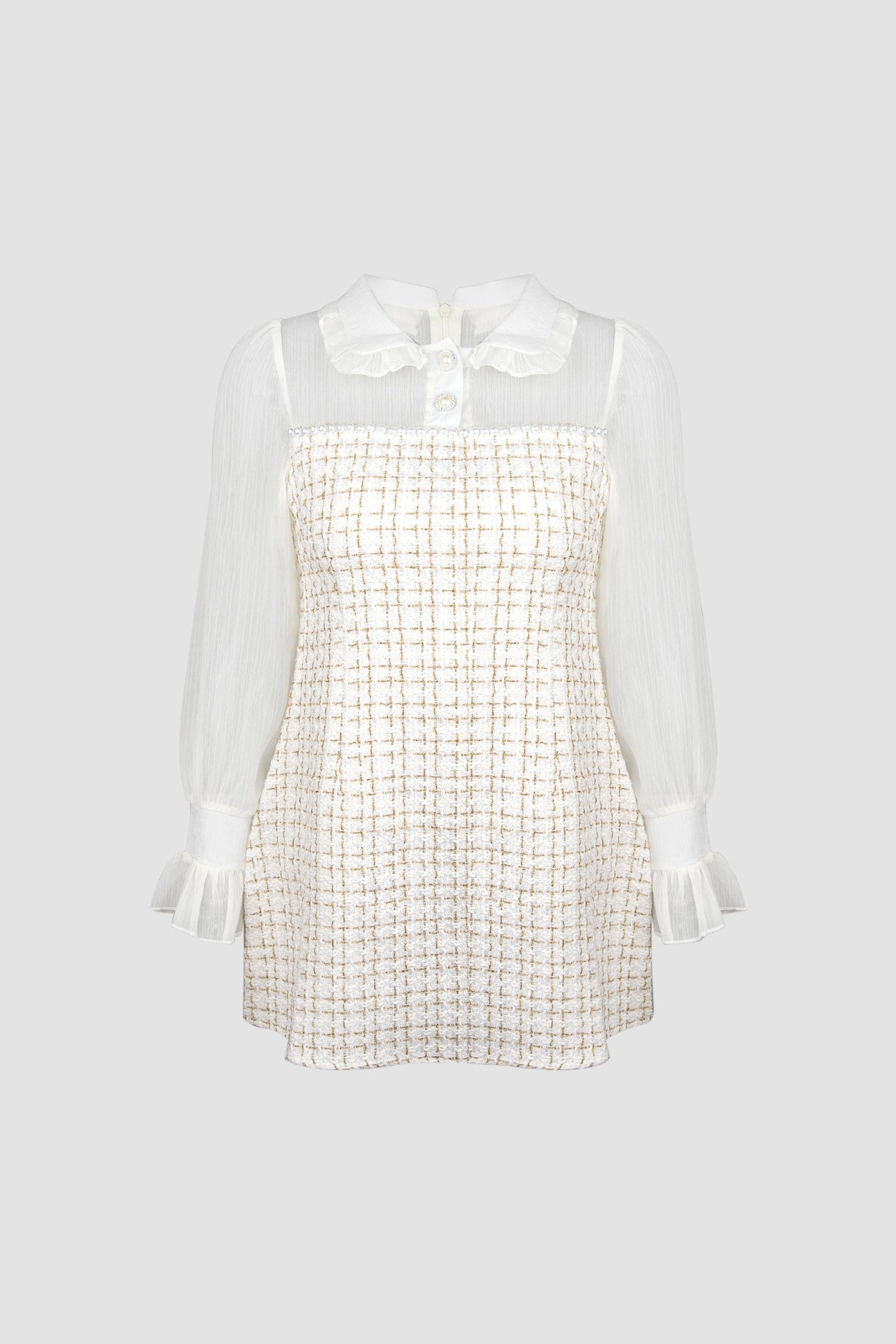 White Mesh Yoke Tweed Mini Dress - View 7
