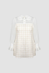 White Mesh Yoke Tweed Mini Dress - View 7