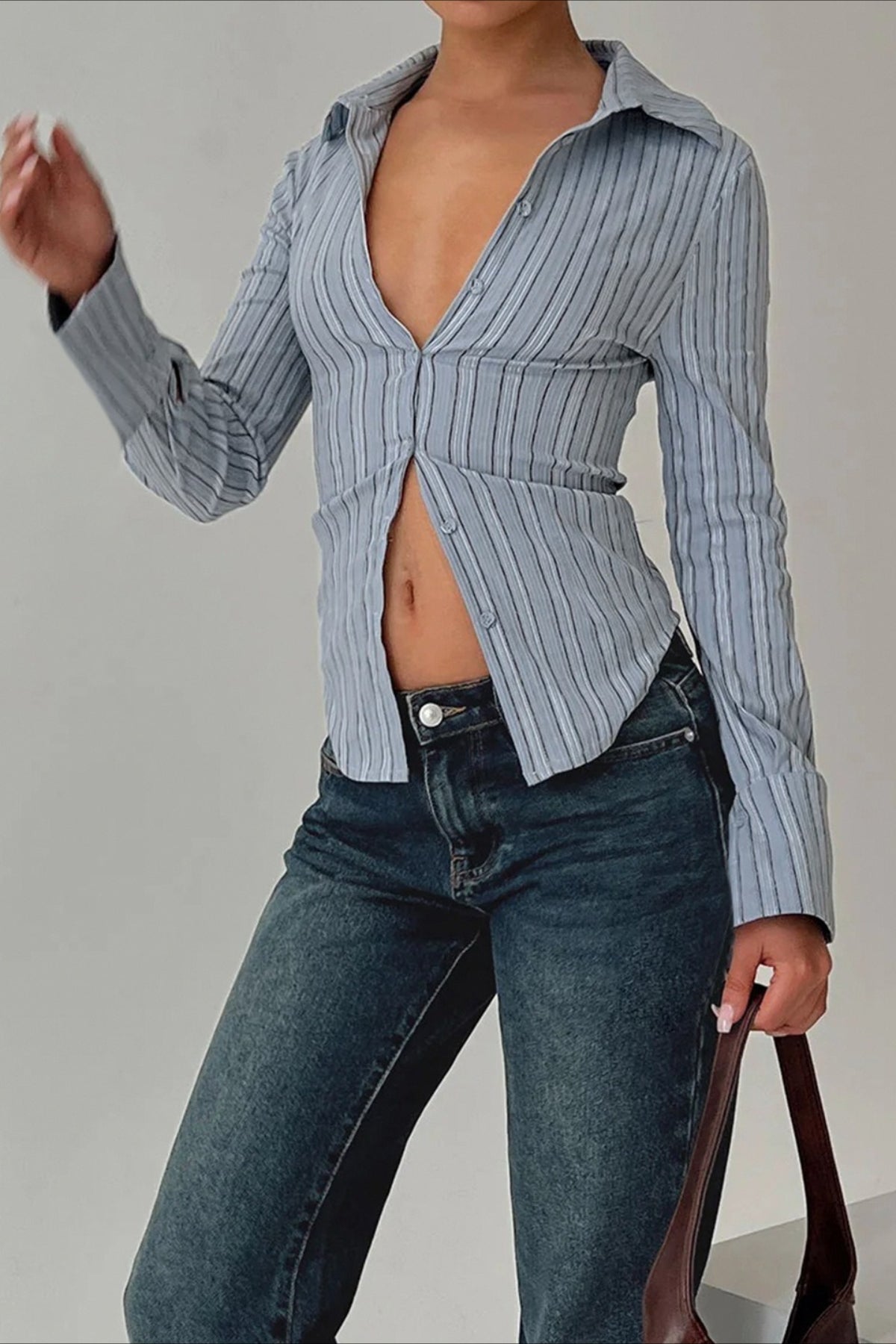 Office Button Down Striped Long Sleeve Top