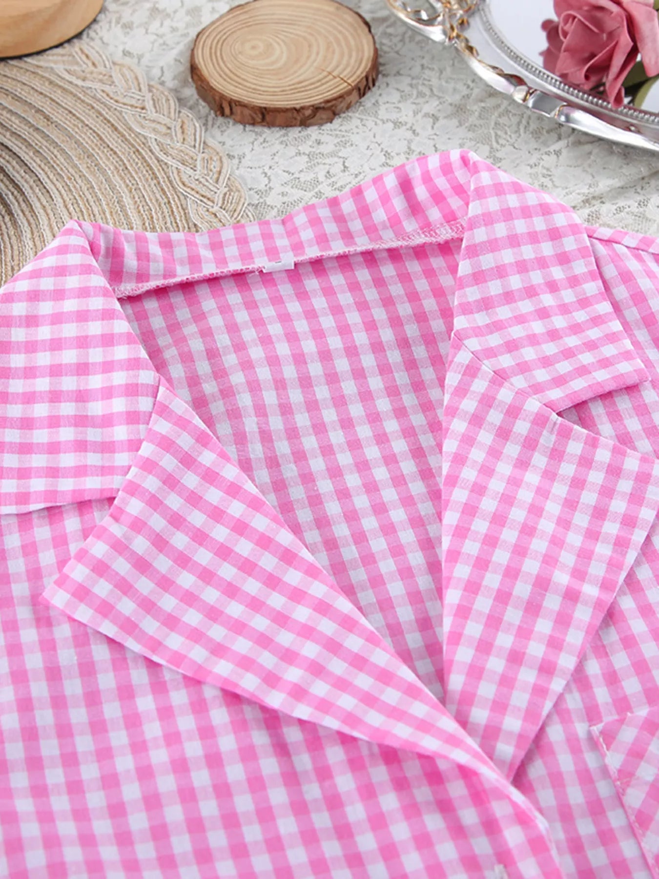Gingham Button-Down Top and Pants Loungewear Set