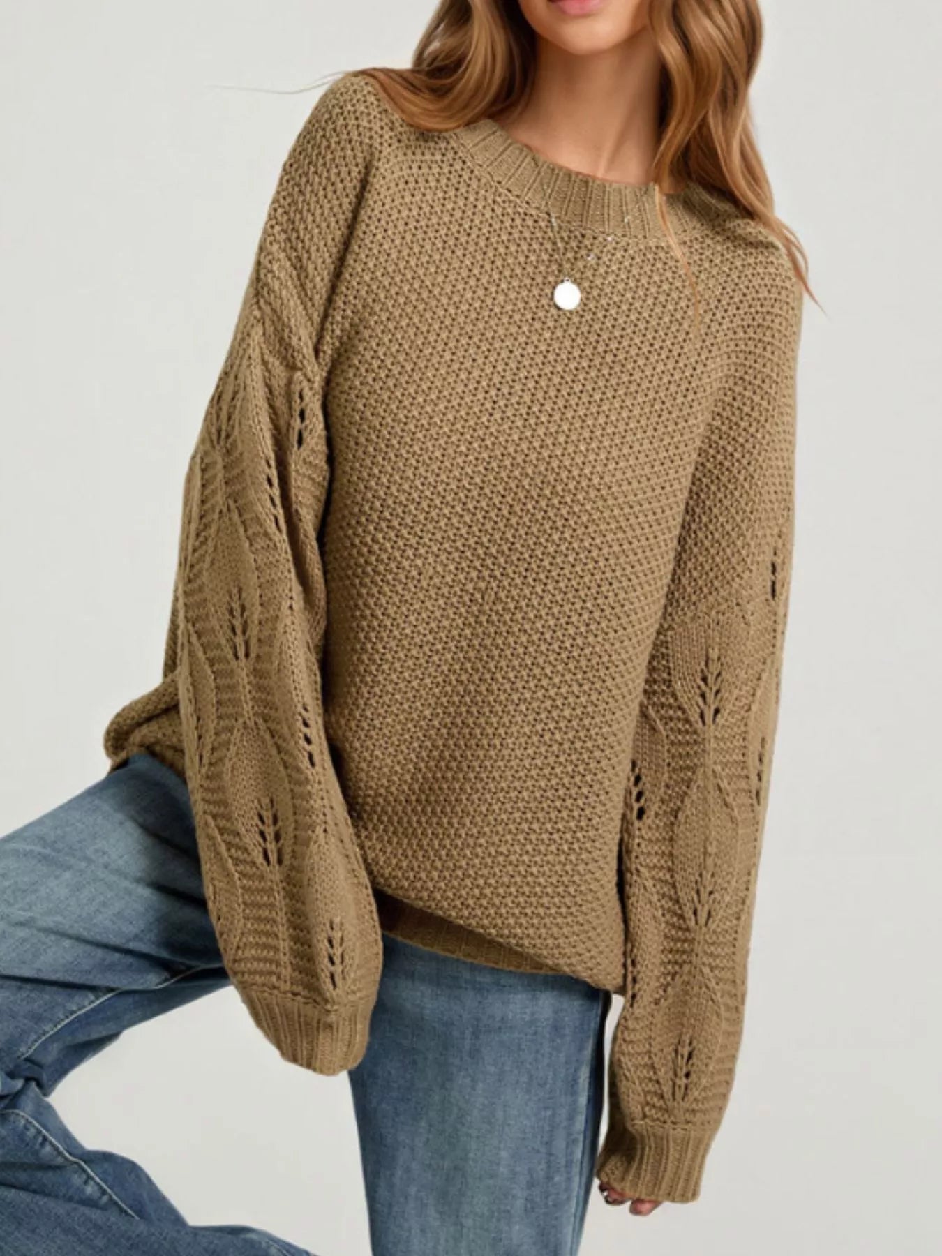 Textured Knit Openwork Dropped Shoulder Sweater