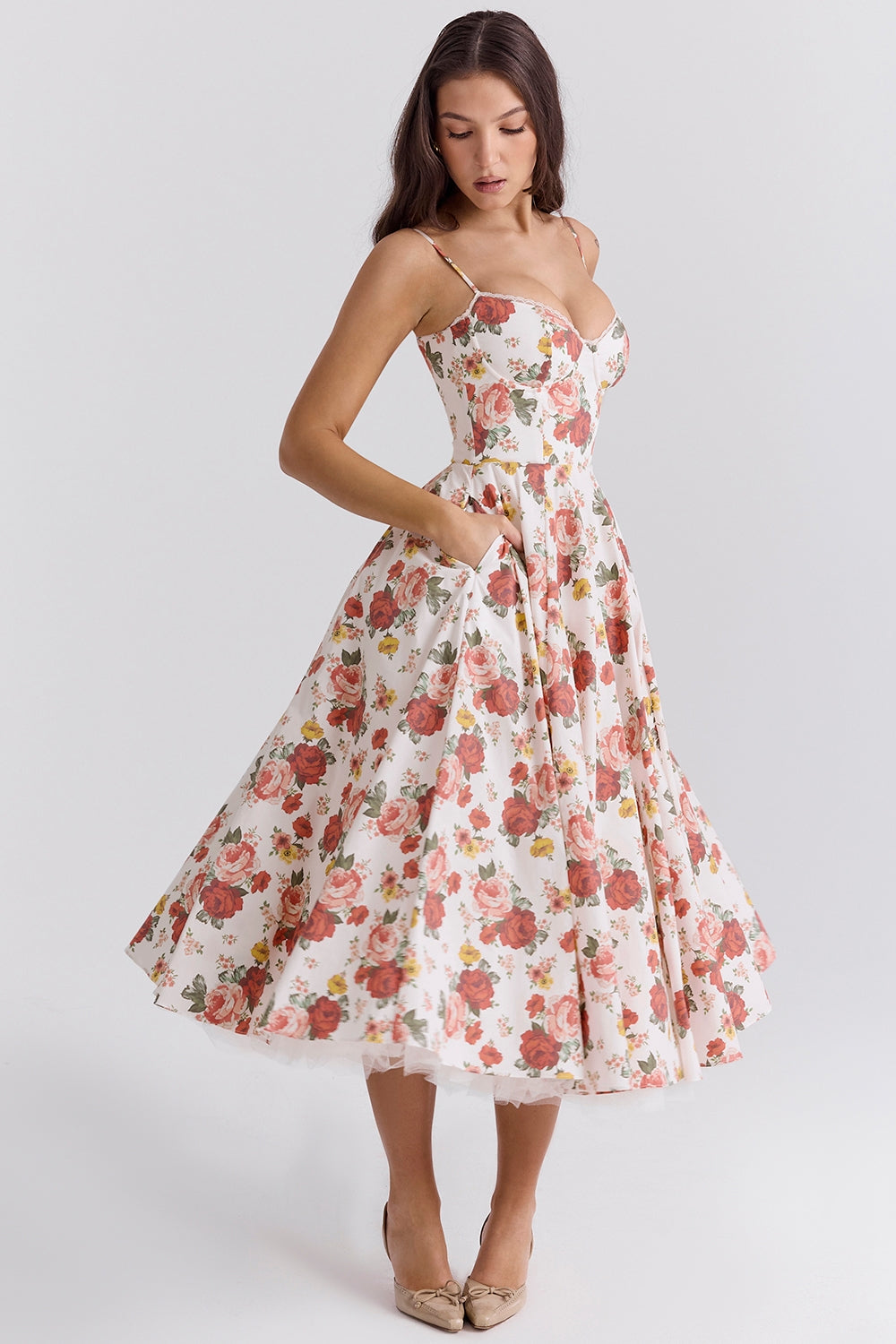 Rose Print Sweetheart Corset Bodice Tulle Underlay Midi Dress 8