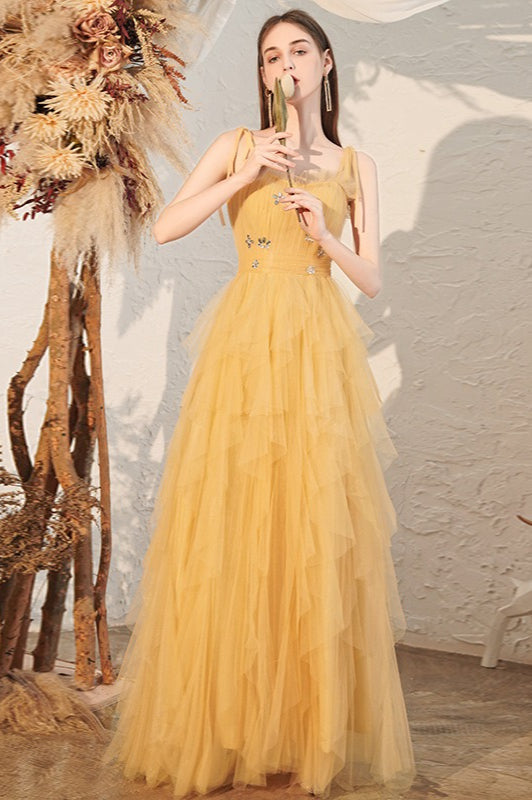 Tulle Spaghetti Strap Square Neck Tiered Ruffle Maxi Prom Dress