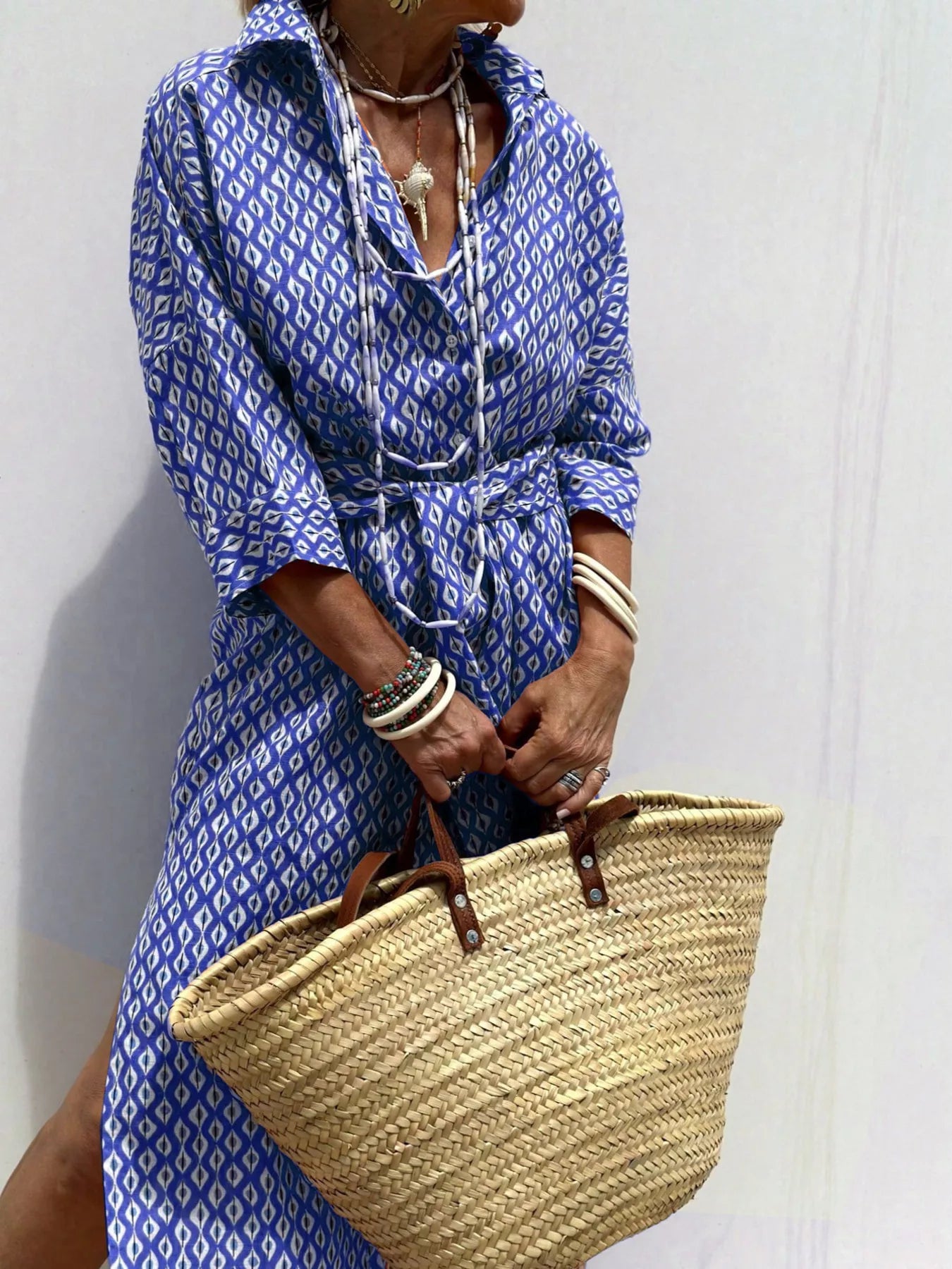 Full Size Printed Button-Down Midi Dress Plus Size Blue