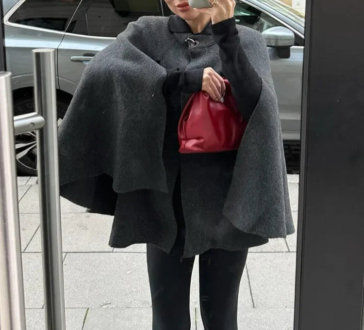 Collared Hook Front Knit Sleeve Layered Cape Coat