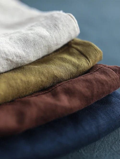 Collared Half Button Three Quarter Sleeve Linen Blouse