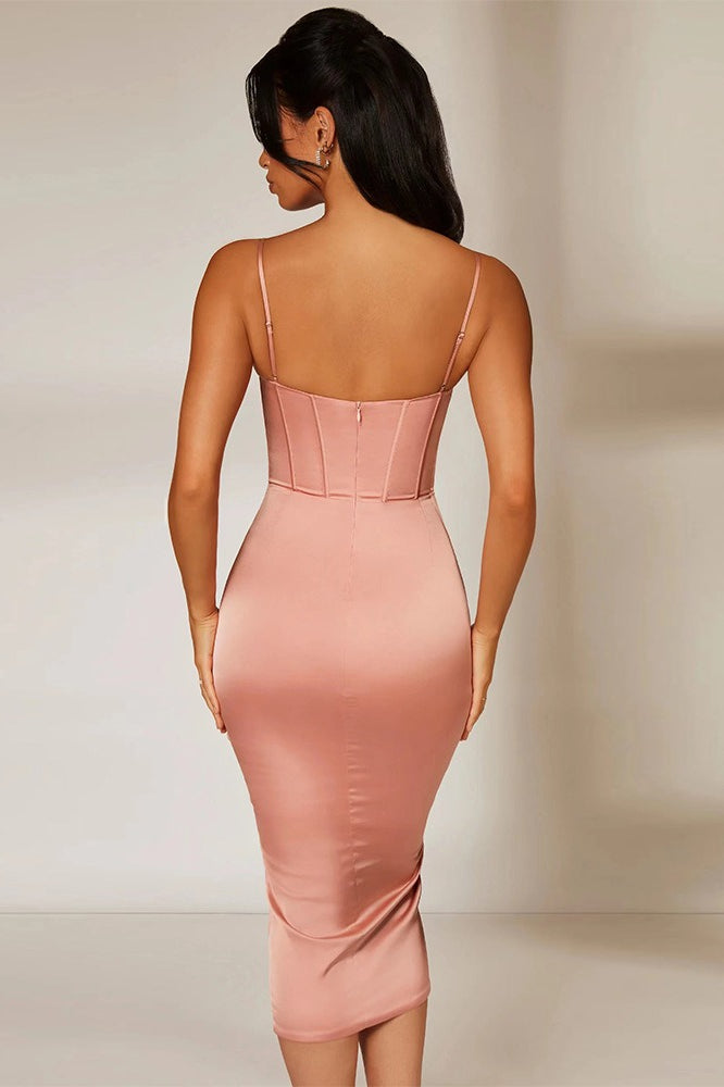 Satin Spaghetti Strap Corset Ruched Wrap Midi Dress