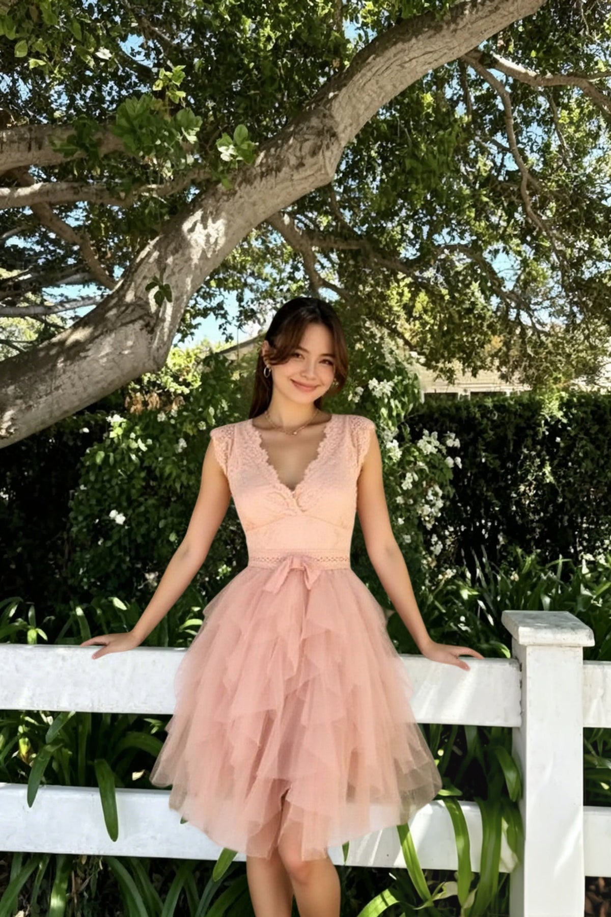 Lace V-Neck Cap Sleeve Bow Waist Tulle Mini Dress 3