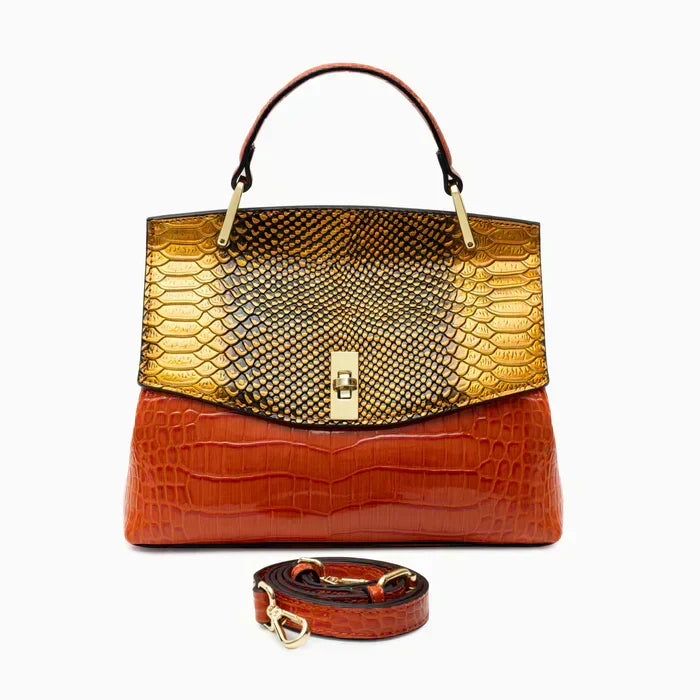 Snake Print Top Handle Structured Satchel Bag