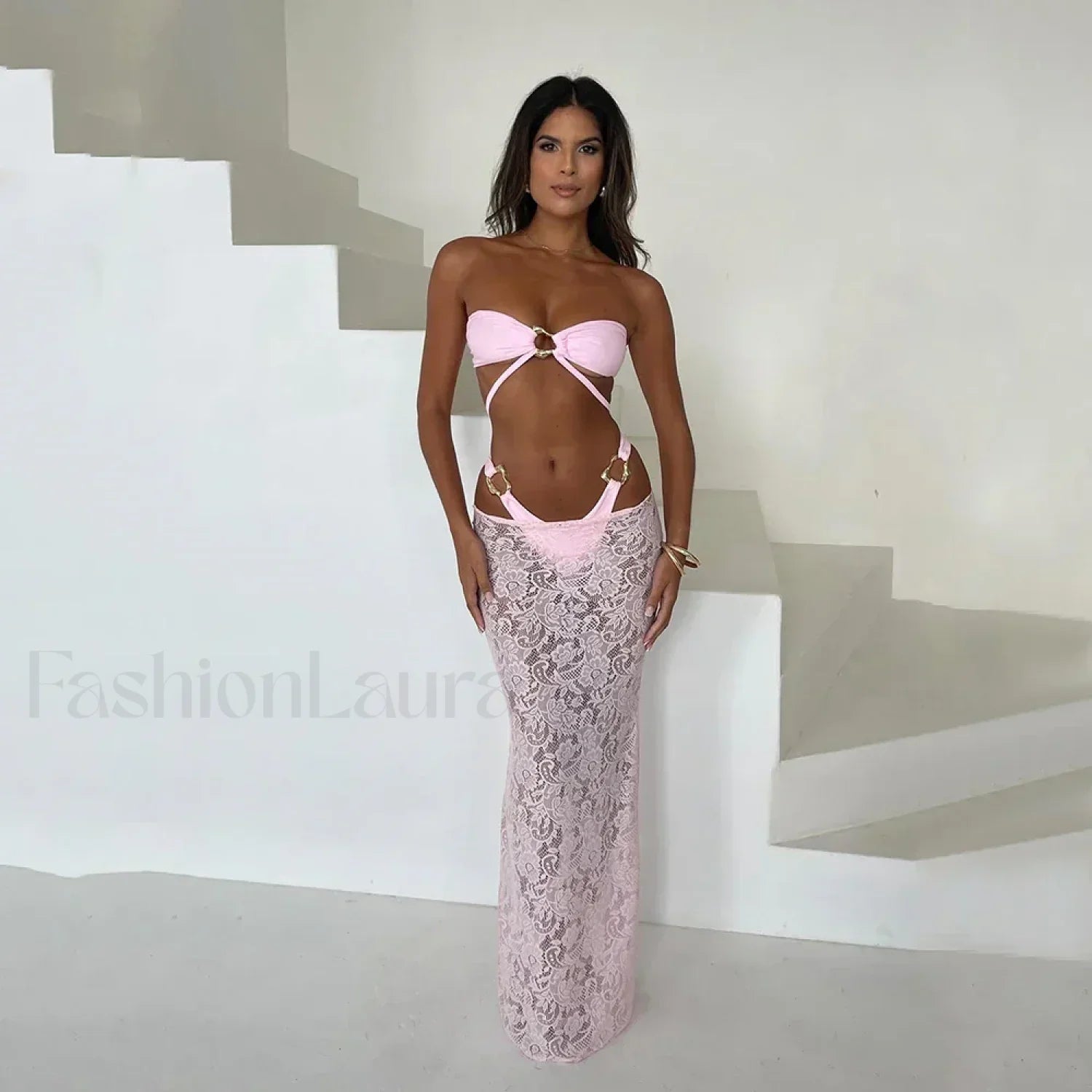 Bandeau Long Dress Bikini Three Piece Set