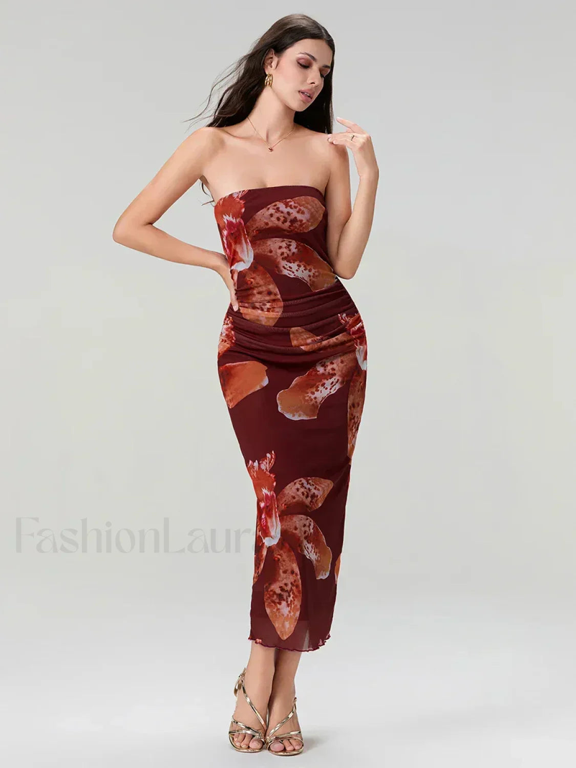 Bandeau Off Shoulder Floral Dress Burgundy / S