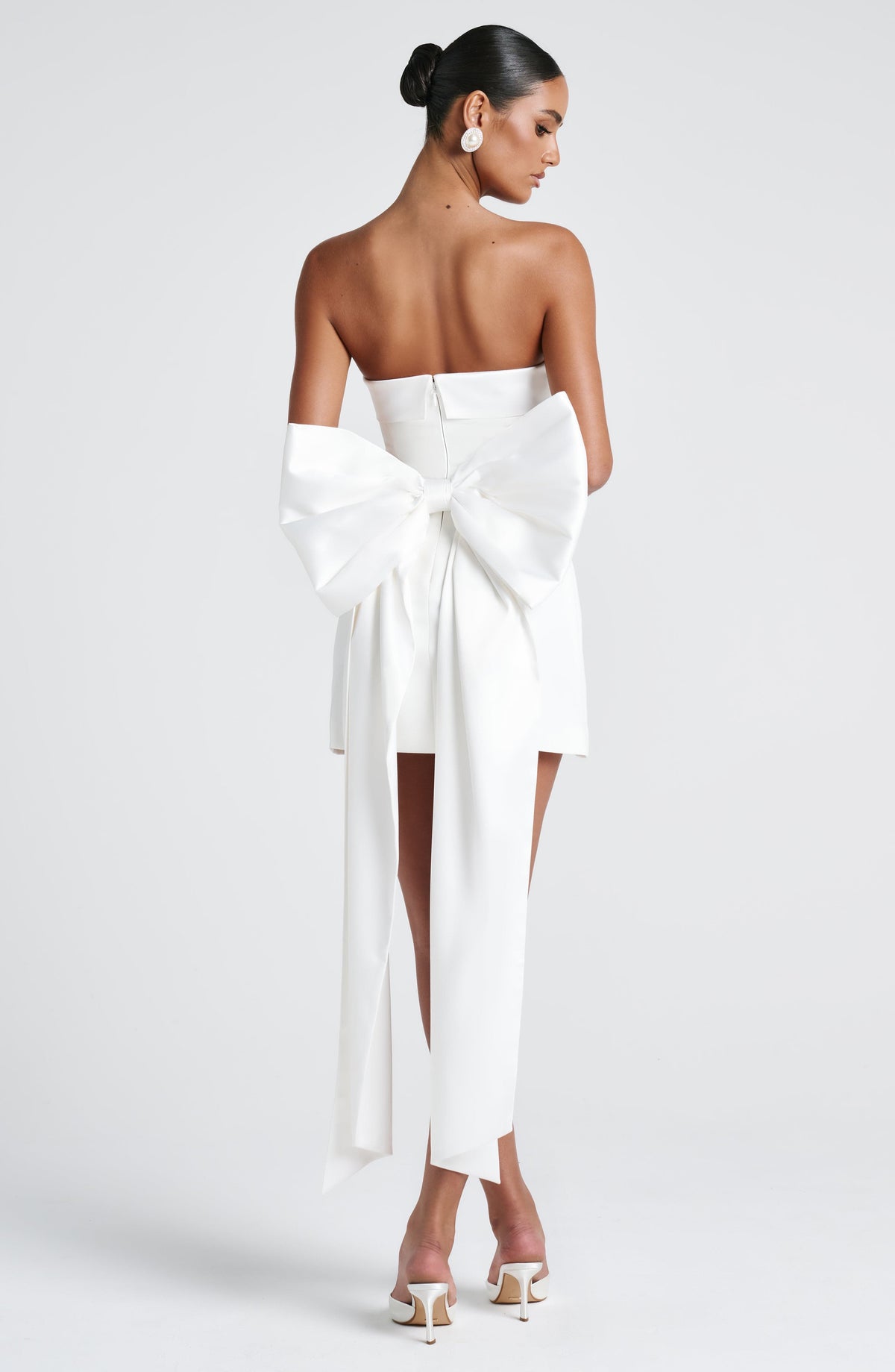 Satin Strapless Oversized Bow Back Train Mini Dress 6