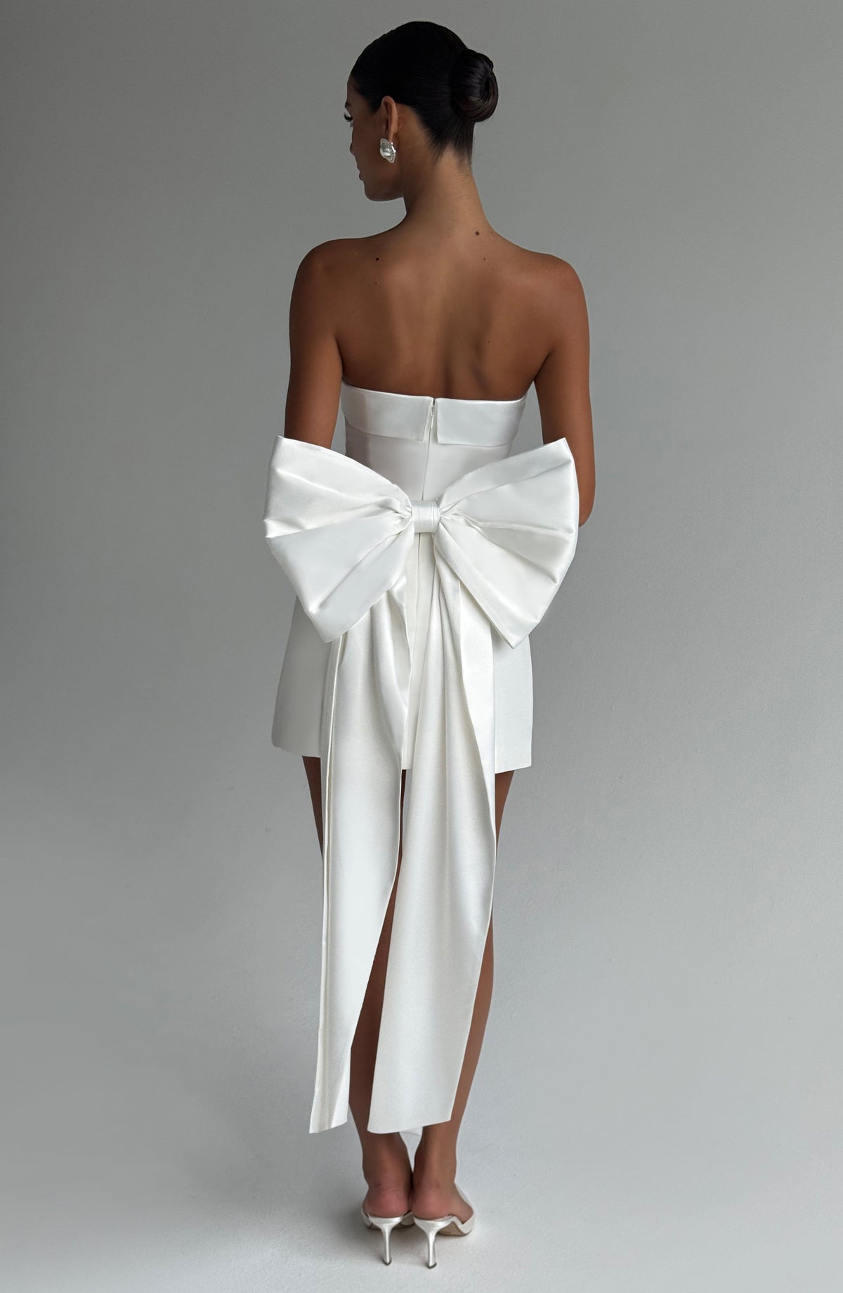Satin Strapless Oversized Bow Back Train Mini Dress 3