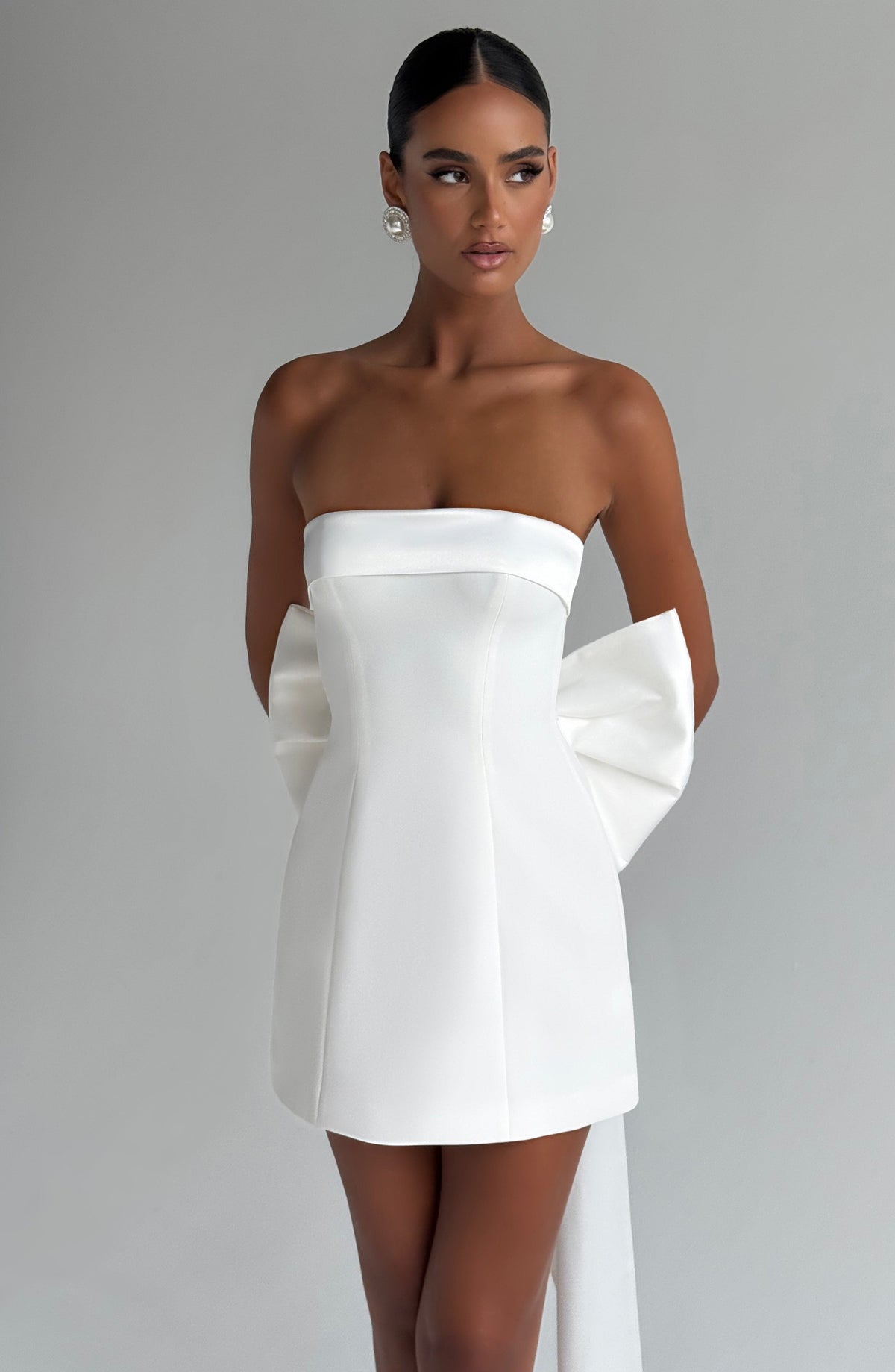Satin Strapless Oversized Bow Back Train Mini Dress 2
