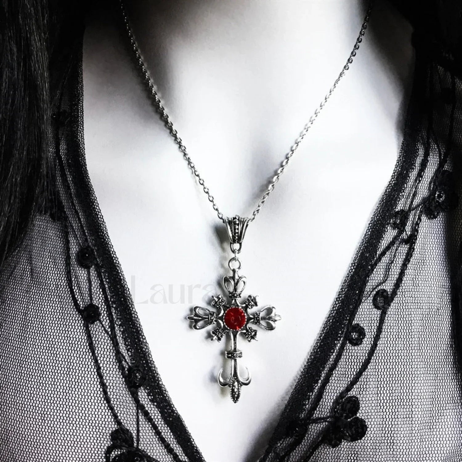 Baroque Large Silver Cross Pendant Necklace