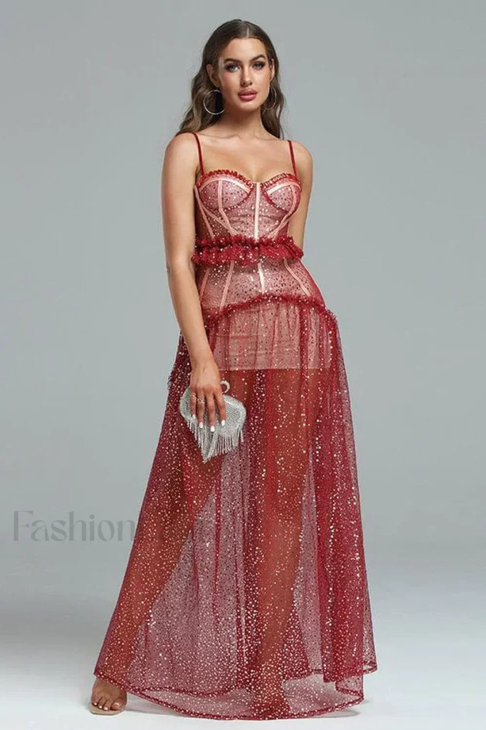 Barrett Sequined Mesh Charming & Lace Maxi Dress