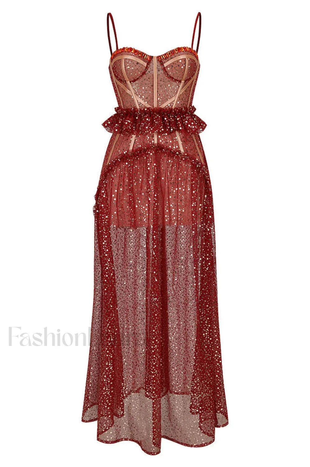 Barrett Sequined Mesh Charming & Lace Maxi Dress XS / Red