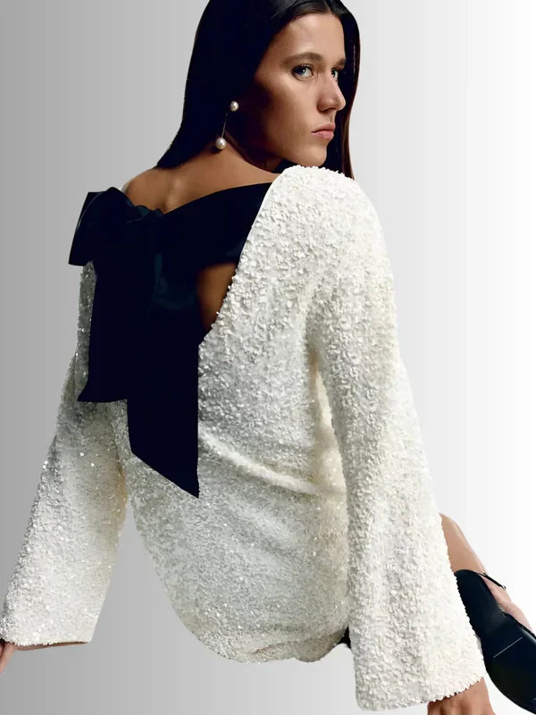 Sequin Long Sleeve Bow Back Mini Dress Party 4