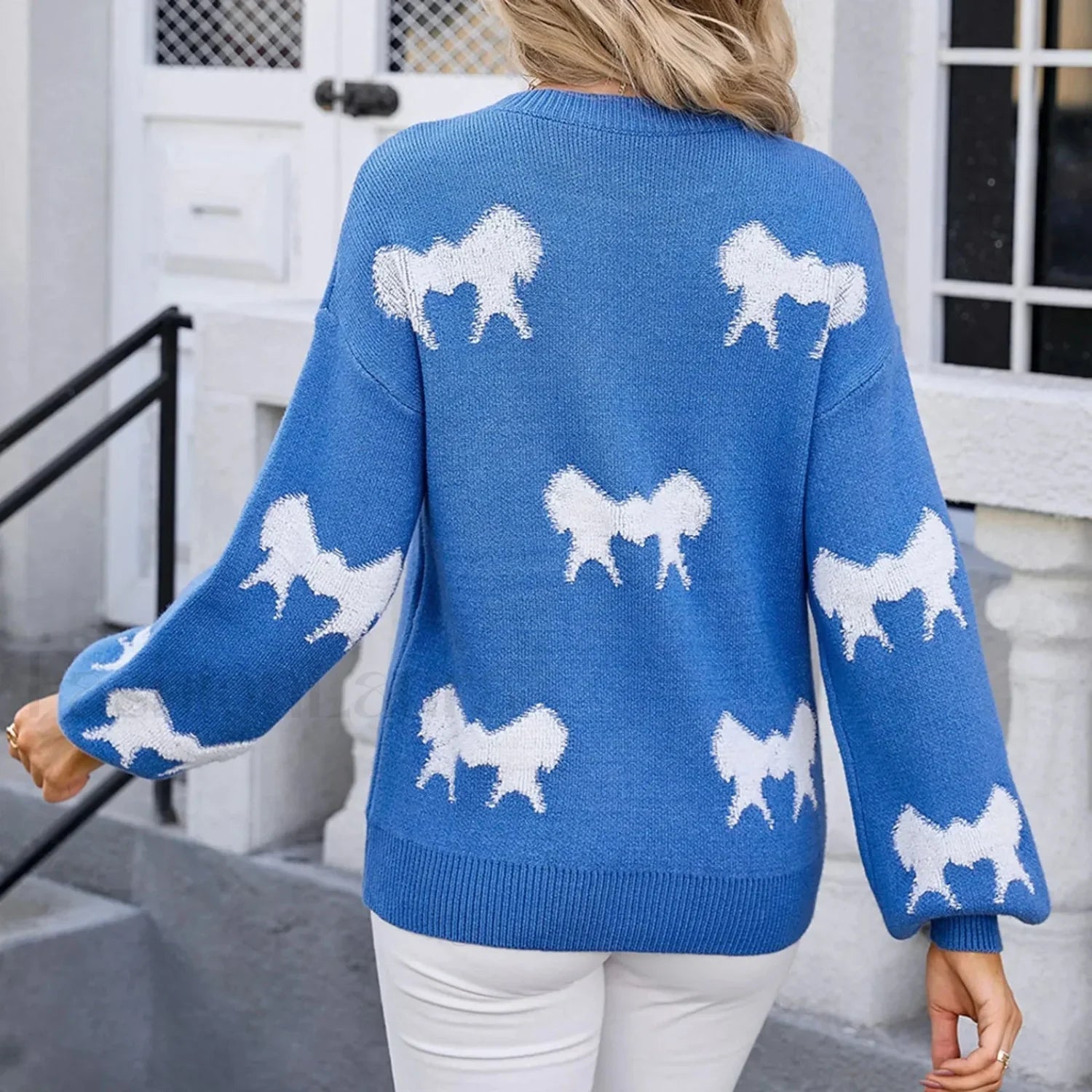 Basic Print Oversize Bow O-Neck White Thick Knitted Christmas Sweater